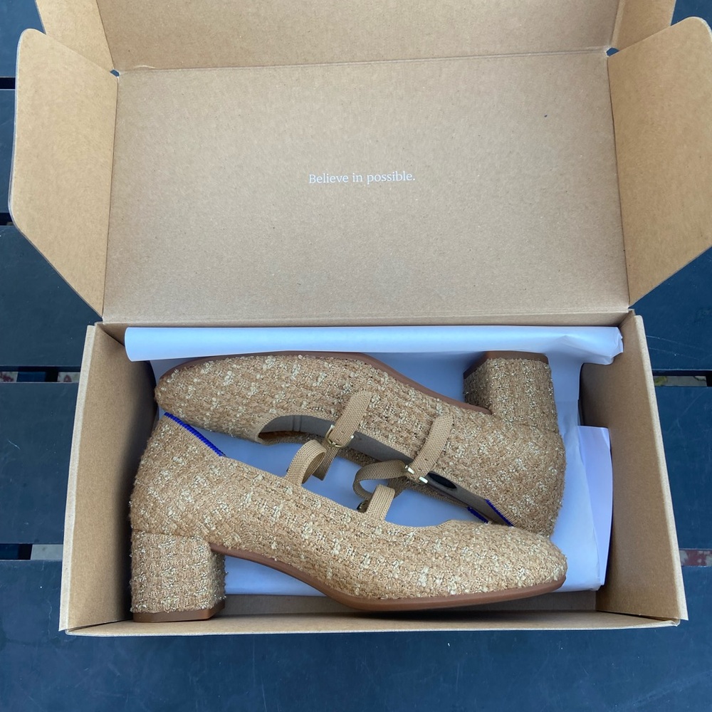 Retired Discontinued Rothy's “The Double Buckle Mary Jane Heel” in Golden Tweed - Picture 2 of 9